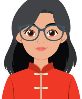 Illustration of a woman in glasses and red attire
